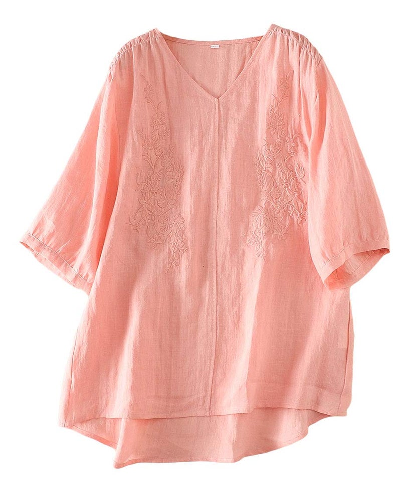 Minibee Women's Cotton Linen Embroidery Blouse V-Neck Plain Simple Tunic Long Sleeve Tops Pullover Pink L - Image 1